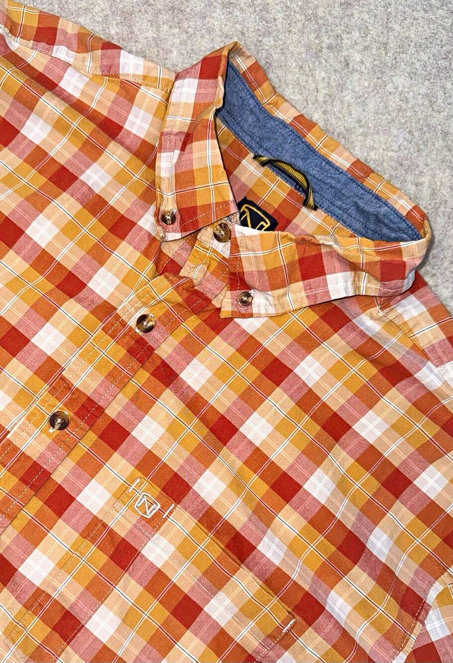 Noble Outfitters Men’s Plaid Short Sleeve Button Down Shirt Orange 2XT Stain